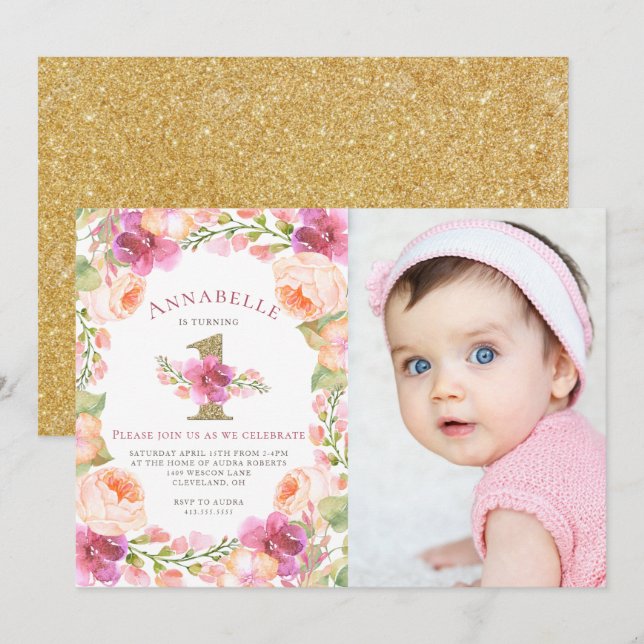 Pink and Gold Floral Girls 1st Birthday Photo Invitation (Front/Back)
