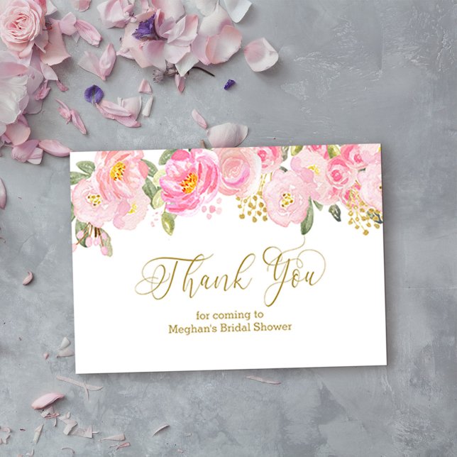 Pink and Gold Floral Gold Calligraphy Thank You Enclosure Card (Pretty thank you card from my Pink and Gold Watercolor Floral Collection)