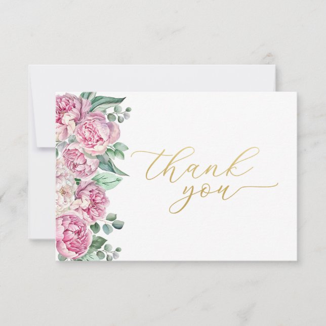 Pink and Gold Floral Greenery Baby Shower Thank Yo You Card (Front)