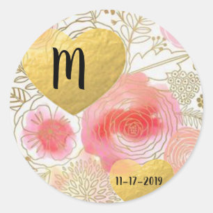 Pink and Gold Floral Heart  Monagram Design Classic Round Sticker