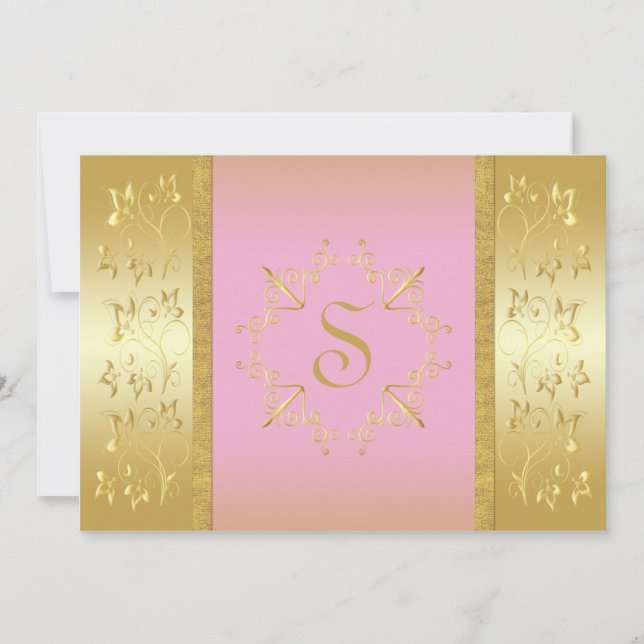 Pink and Gold Floral Monogrammed Invitation (Front)