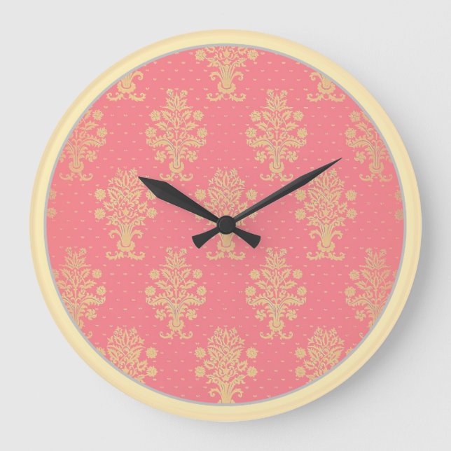 Pink And Gold Floral Pattern Large Clock (Front)