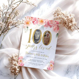 Pink and Gold Floral Photo 100th Birthday Invitation