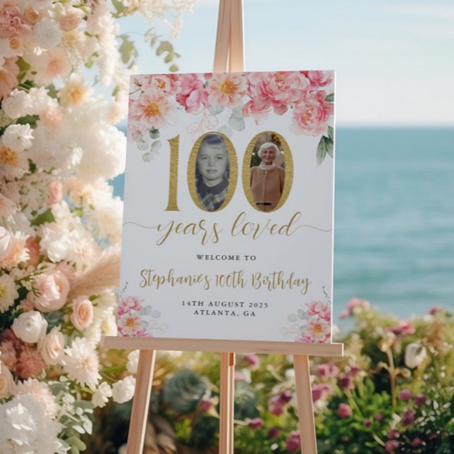 Pink And Gold Floral Photo 100th Birthday Welcome Poster (Creator Uploaded)