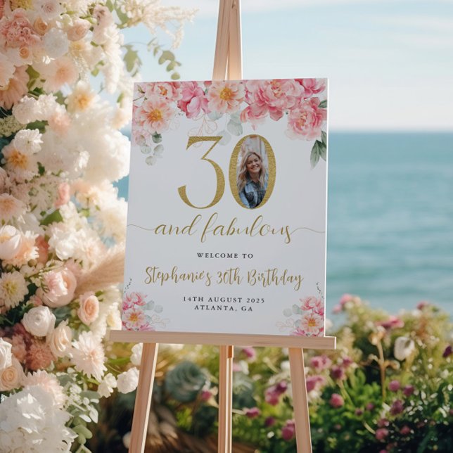 Pink and Gold Floral Photo 30th Birthday Welcome Poster (Creator Uploaded)