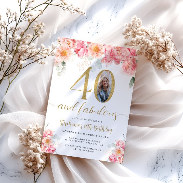Pink and Gold Floral Photo 40th Birthday Invitation (Creator Uploaded)