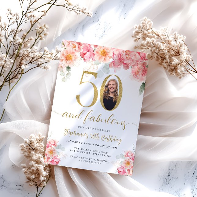Pink and Gold Floral Photo 50th Birthday Invitation (Creator Uploaded)
