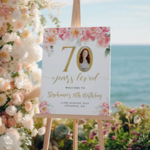 Pink and Gold Floral Photo 70th Birthday Welcome Poster
