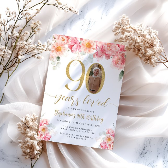 Pink and Gold Floral Photo 90th Birthday Invitation (Creator Uploaded)
