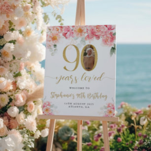 Pink And Gold Floral Photo 90th Birthday Welcome Poster