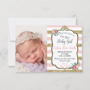 Pink and Gold Floral Princess Baby Girl Birth Announcement