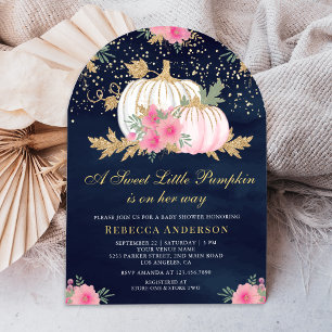 Pink and Gold Floral Pumpkin Arch Navy Baby Shower Invitation