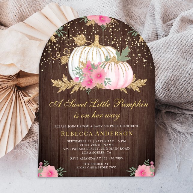 Pink and Gold Floral Pumpkin Arch Wood Baby Shower Invitation (Creator Uploaded)