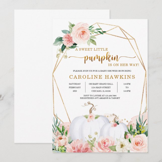 Pink and Gold Floral Pumpkin Fall Baby Shower Invi Invitation (Front/Back)