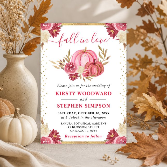 Pink and Gold Floral Pumpkins Fall Wedding Invitation (Creator Uploaded)