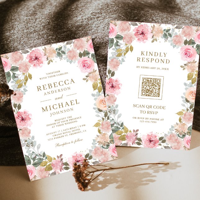 Pink and Gold Floral QR Code Wedding Invitation (Creator Uploaded)