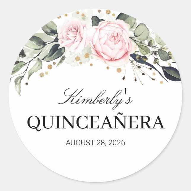Pink and Gold Floral Quinceanera Classic Round Sticker (Front)