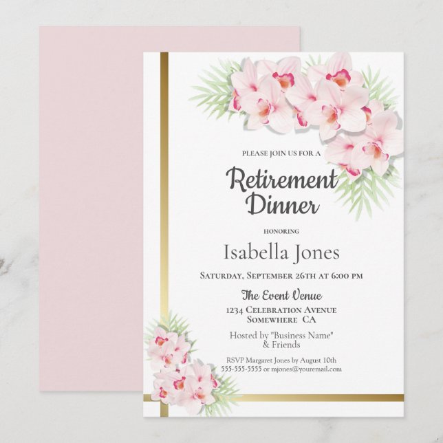 Pink and Gold Floral Retirement Dinner Party Invitation (Front/Back)