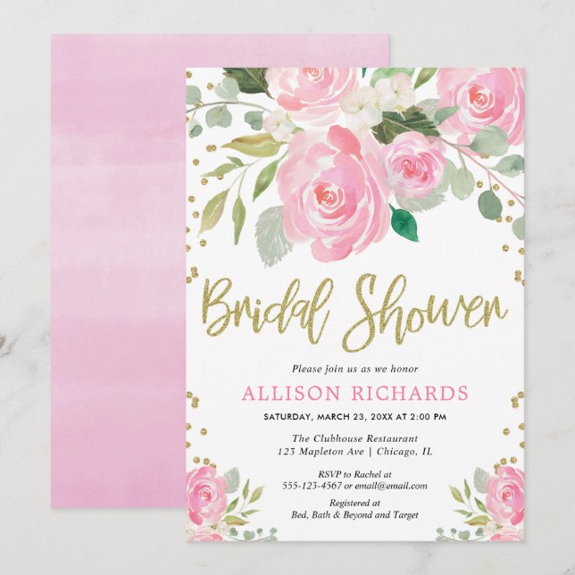 Pink and gold floral roses bridal shower invitation (Front/Back)