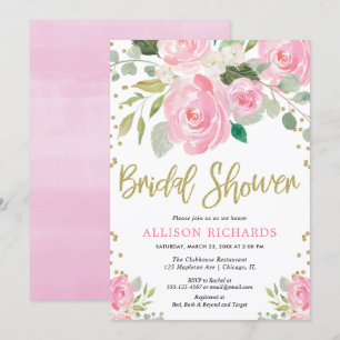 Pink and gold floral roses bridal shower invitation