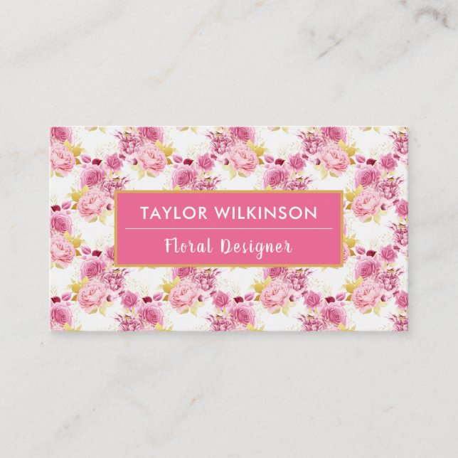 Pink and Gold Floral Roses on White Business Card (Front)
