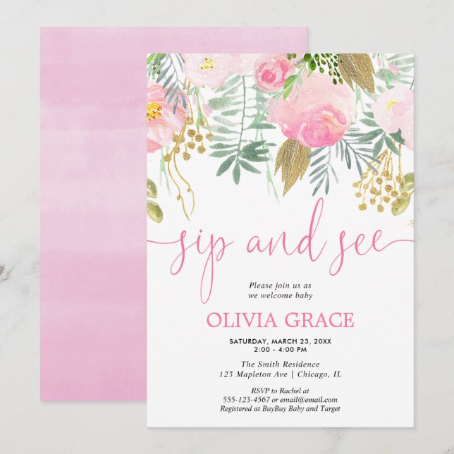 Pink and gold floral sip and see baby girl shower invitation (Front/Back)