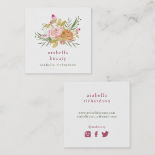 Pink and Gold Floral   Social Media Icons Square Business Card