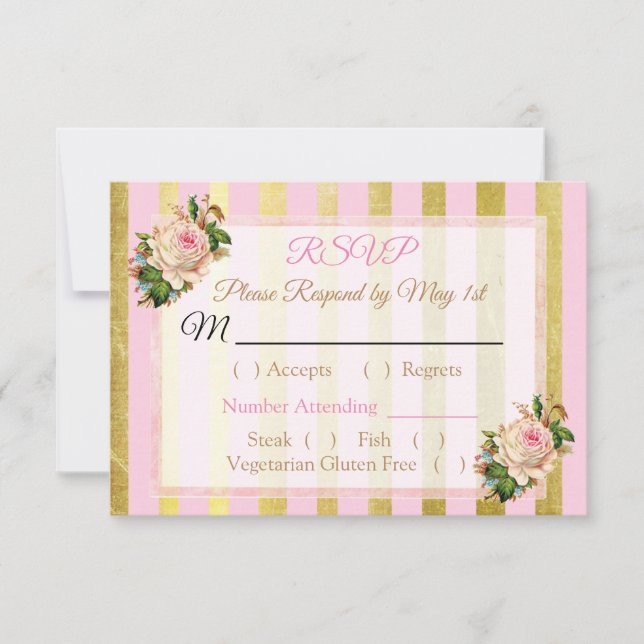 Pink and Gold Floral Striped  Wedding RSVP card (Front)
