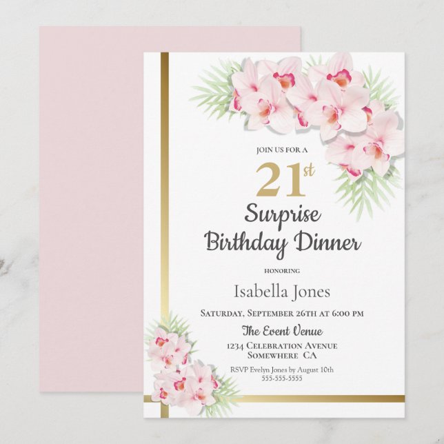 Pink and Gold Floral Surprise 21st Birthday Dinner Invitation (Front/Back)