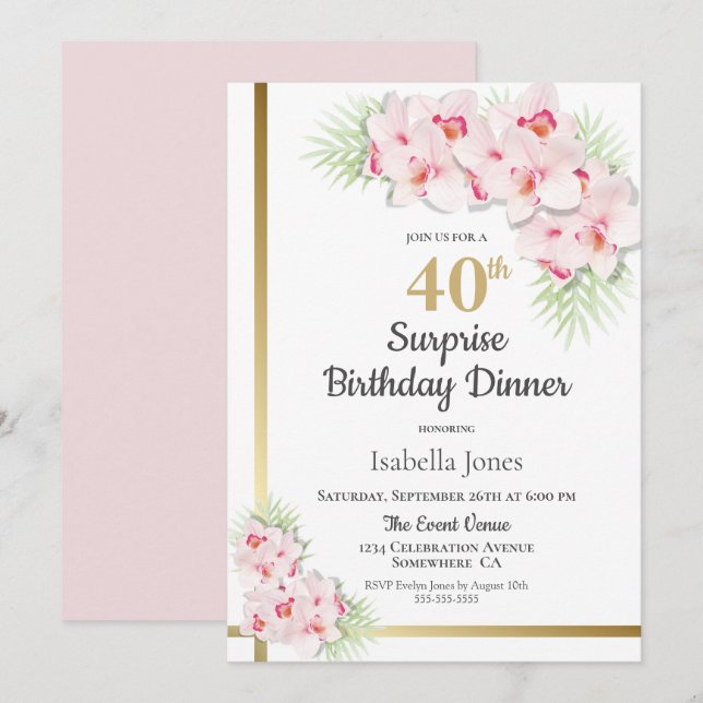 Pink and Gold Floral Surprise 40th Birthday Dinner Invitation (Front/Back)