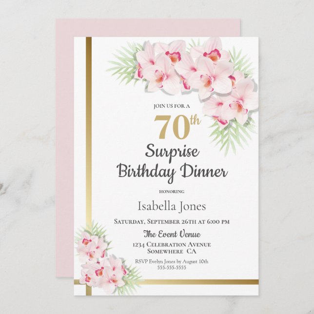 Pink and Gold Floral Surprise 70th Birthday Dinner Invitation (Front/Back)