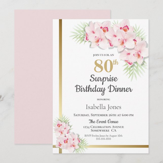 Pink and Gold Floral Surprise 80th Birthday Dinner Invitation (Front/Back)