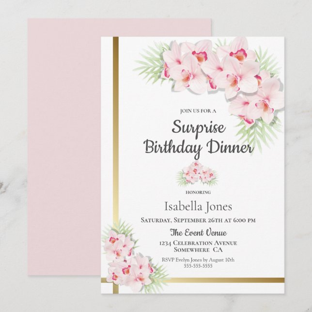 Pink and Gold Floral Surprise Birthday Dinner Invitation (Front/Back)