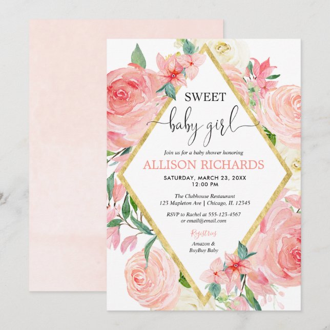 Pink and gold floral sweet baby girl shower invitation (Front/Back)