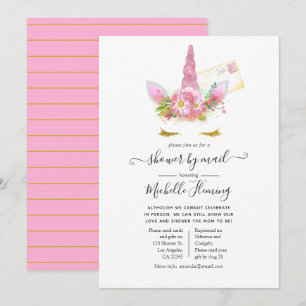 Pink and Gold Floral Unicorn Baby Shower by Mail Invitation