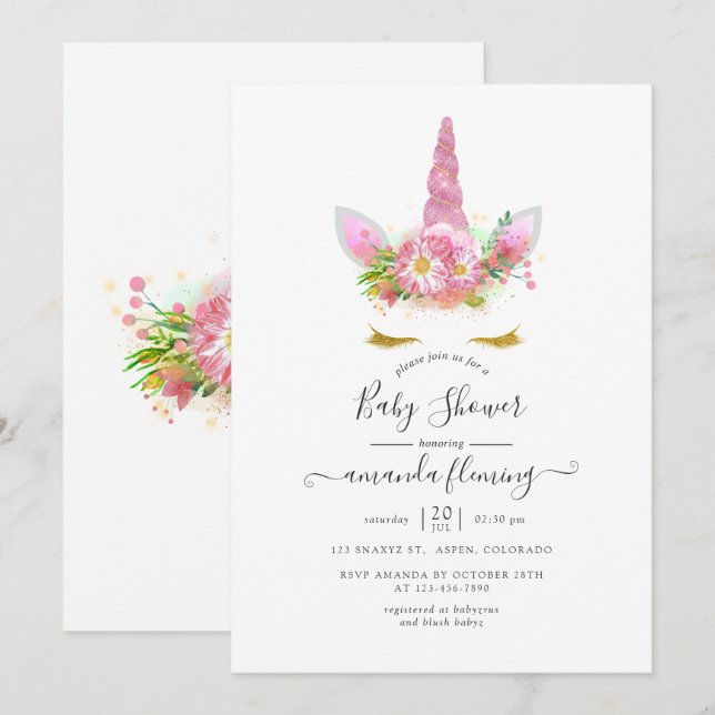 Pink and Gold Floral Unicorn Baby Shower Invitation (Front/Back)