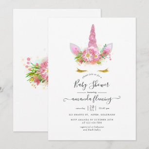Pink and Gold Floral Unicorn Baby Shower Invitation