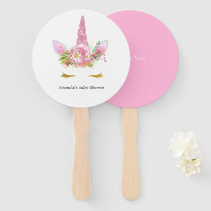 Pink and Gold Floral Unicorn Girl Baby Shower Hand Fan
