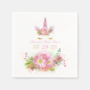Pink and Gold Floral Unicorn Girl Baby Shower Napkin