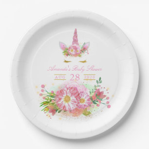 Pink and Gold Floral Unicorn Girl Baby Shower Paper Plate