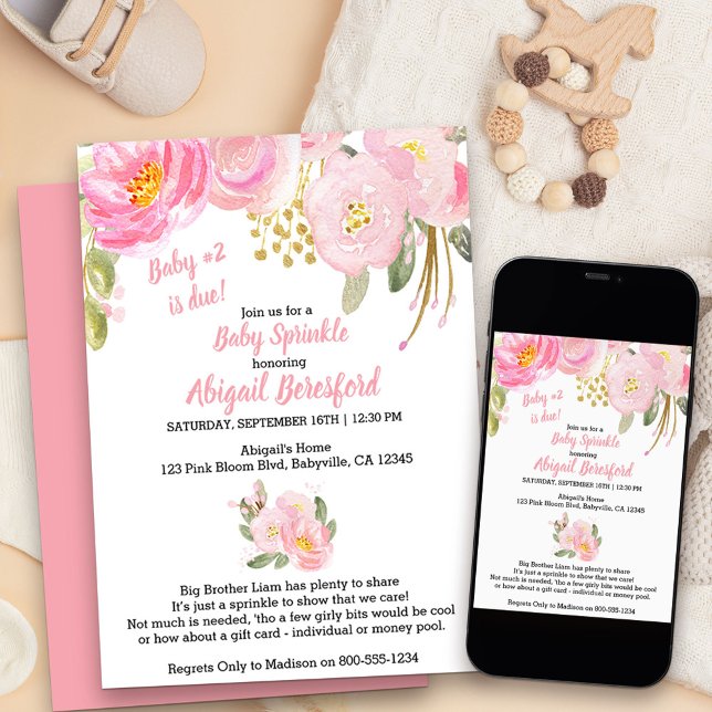 Pink and Gold Floral Watercolor Baby Sprinkle Invitation (Pink floral baby sprinkle invitation for baby number two)