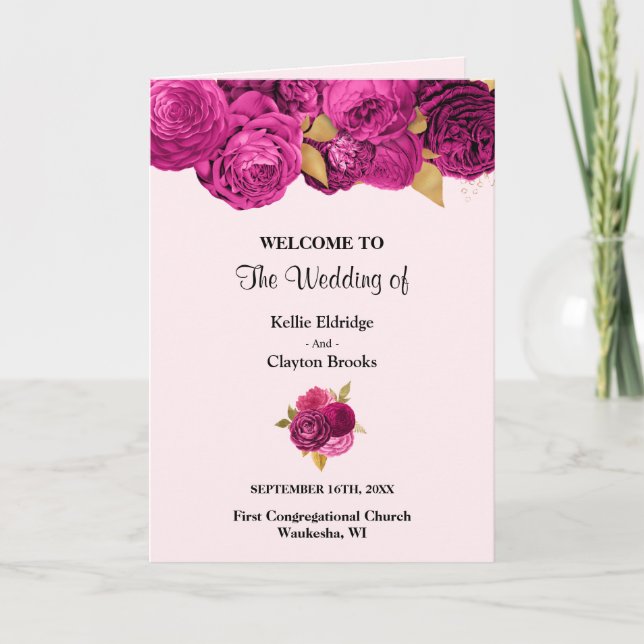 Pink And Gold Floral Wedding Folded Program Programme (Front)