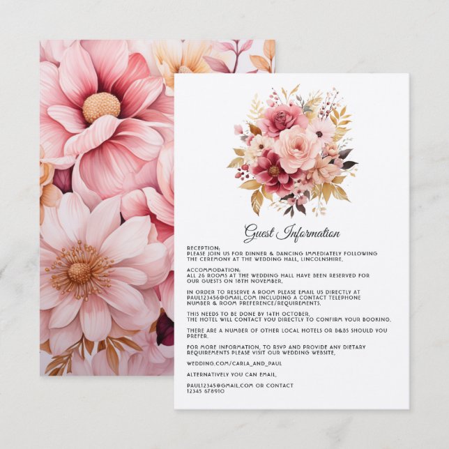 Pink and Gold Floral Wedding Guest Details Enclosure Card (Front/Back)