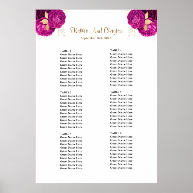 Pink And Gold Floral Wedding Seating Chart (Front)