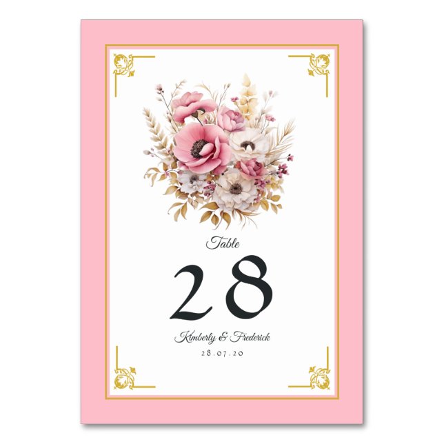 Pink and Gold Floral Wedding Table Number (Front)