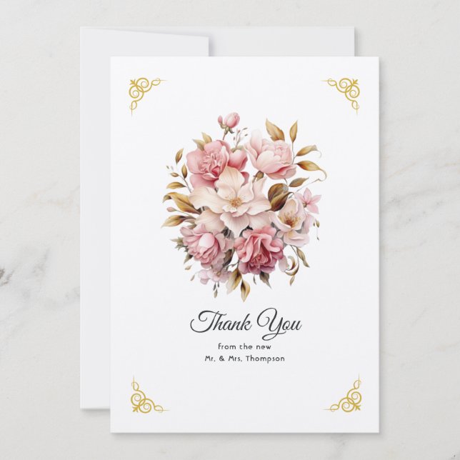 Pink and Gold Floral Wedding Thank You Card (Front)