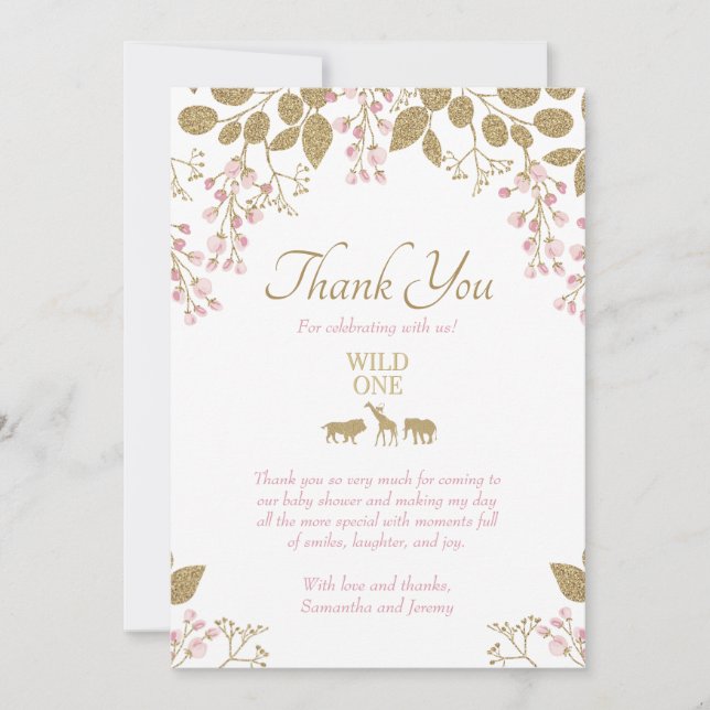 Pink and Gold Floral Wild One Safari Baby Shower Thank You Card (Front)