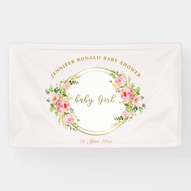 Pink and Gold flower Baby girl baby shower  Banner (Horizontal)