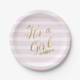 Pink and Gold Flower Stripes Baby Shower Paper Plate