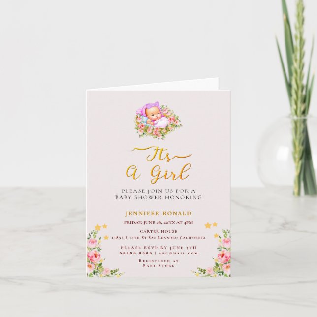 Pink and Gold Flower theme its a girl baby shower  Invitation (Front)